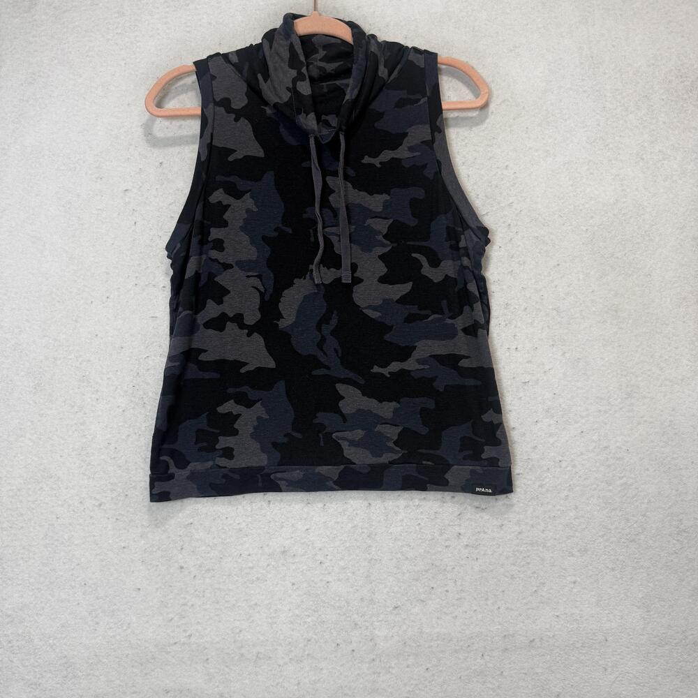 Prana Tank Top Womens Small Black Cowl Neck Camo Sleeveless Athletic Yoga Gym
